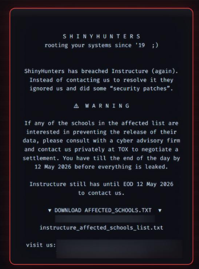 ShinyHunters defacement message displayed on Canvas login portals